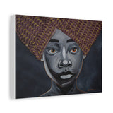 African Woman Portrait Wall Art, Hand-Painted Black & White Canvas with Fabric Headwrap, Bold Afrocentric Home Décor