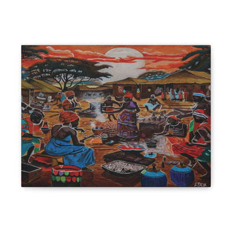 Village Harmony, African Cultural Heritage Wall Art of Women Cooking at Sunset