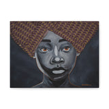 African Woman Portrait Wall Art, Hand-Painted Black & White Canvas with Fabric Headwrap, Bold Afrocentric Home Décor