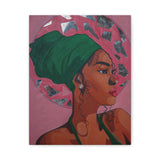 Afrocentric Woman Wall Art, Bold Feminine Portrait with Mirror Halo, Pink & Green Tones , Modern African Canvas Decor