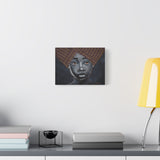 African Woman Portrait Wall Art, Hand-Painted Black & White Canvas with Fabric Headwrap, Bold Afrocentric Home Décor