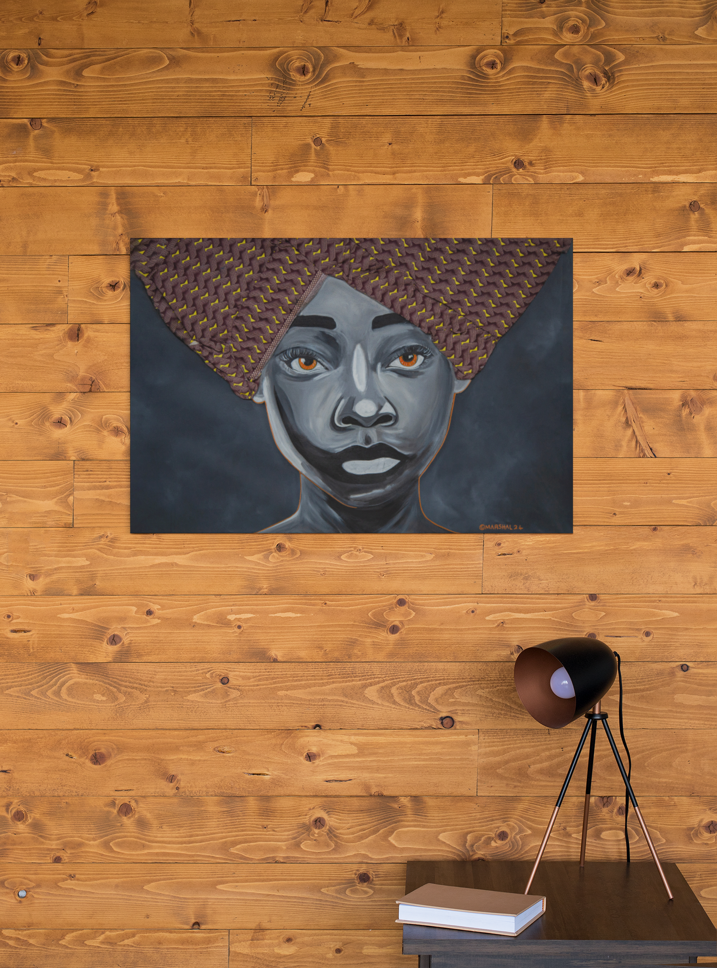 African Woman Portrait Wall Art, Hand-Painted Black & White Canvas with Fabric Headwrap, Bold Afrocentric Home Décor