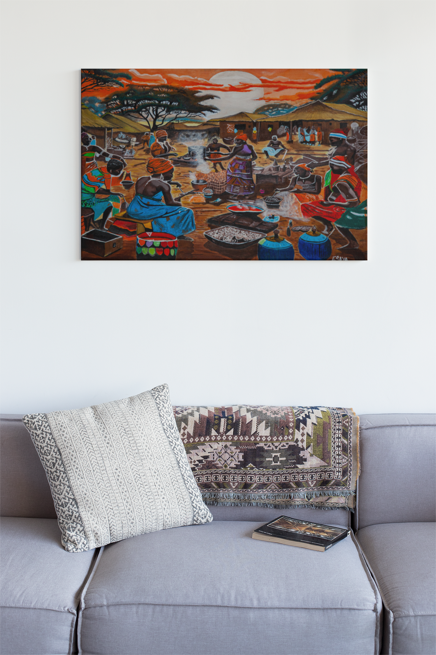 Village Harmony, African Cultural Heritage Wall Art of Women Cooking at Sunset