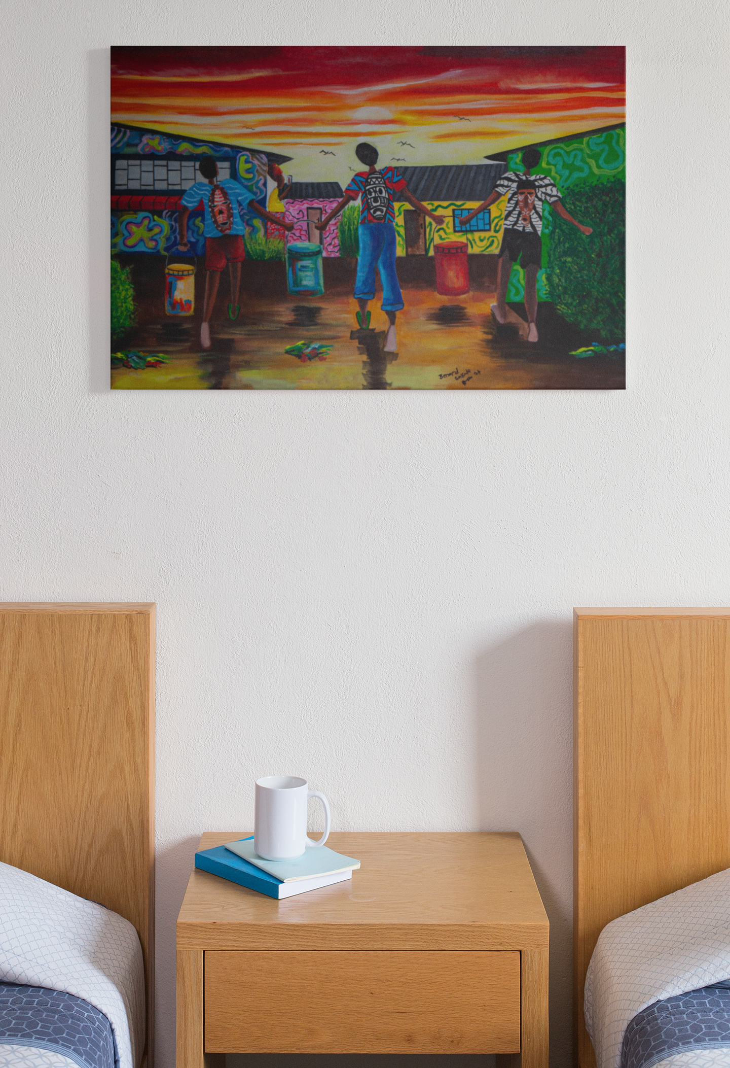 Vibrant African Village Sunset Wall Art, Colorful Kids & Nature Scene, Hand-Painted Canvas for Cultural Home Decor