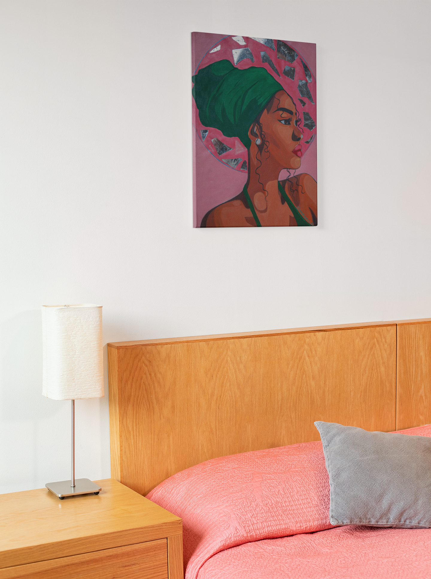 Afrocentric Woman Wall Art, Bold Feminine Portrait with Mirror Halo, Pink & Green Tones , Modern African Canvas Decor