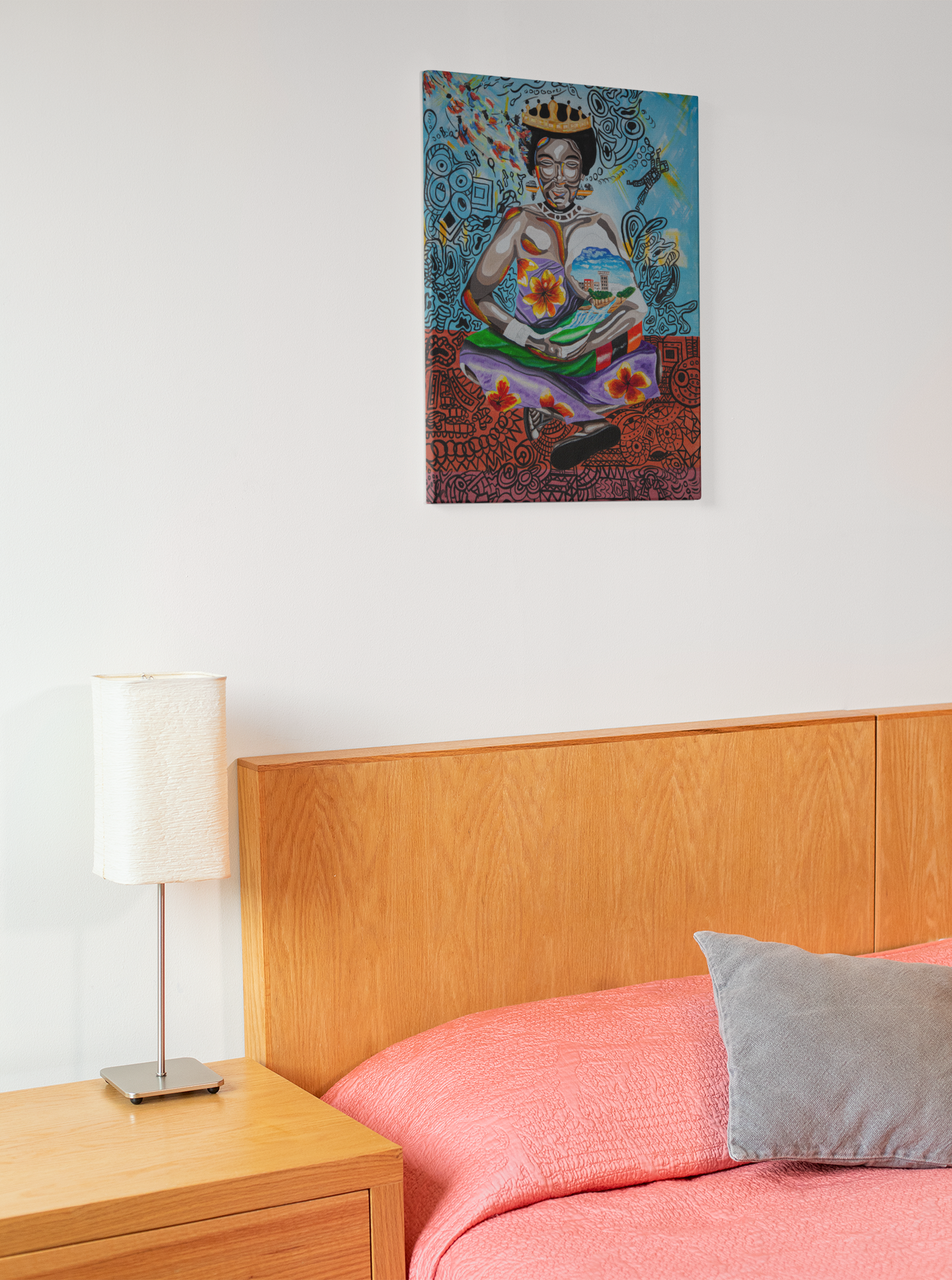 Afrocentric Abstract Wall Art, Colorful Cultural Expression with Crowned Black Woman, Bold Mixed Media Canvas