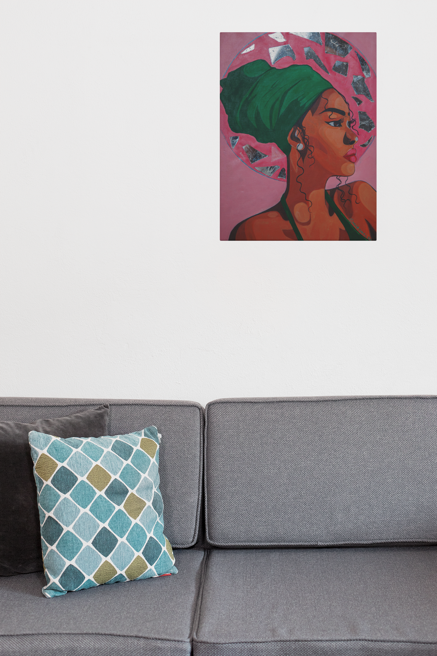 Afrocentric Woman Wall Art, Bold Feminine Portrait with Mirror Halo, Pink & Green Tones , Modern African Canvas Decor