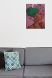 Afrocentric Woman Wall Art, Bold Feminine Portrait with Mirror Halo, Pink & Green Tones , Modern African Canvas Decor